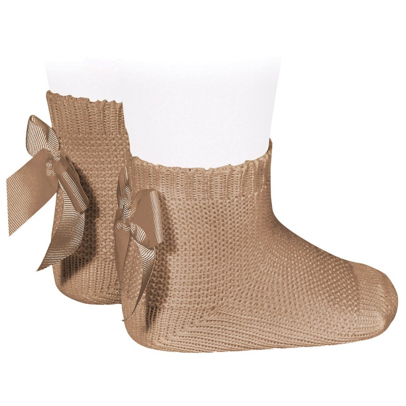 garter stitch short socks with bow camel