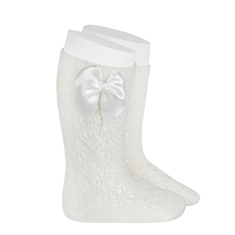 perle geometric openwork knee high socks with bow cream
