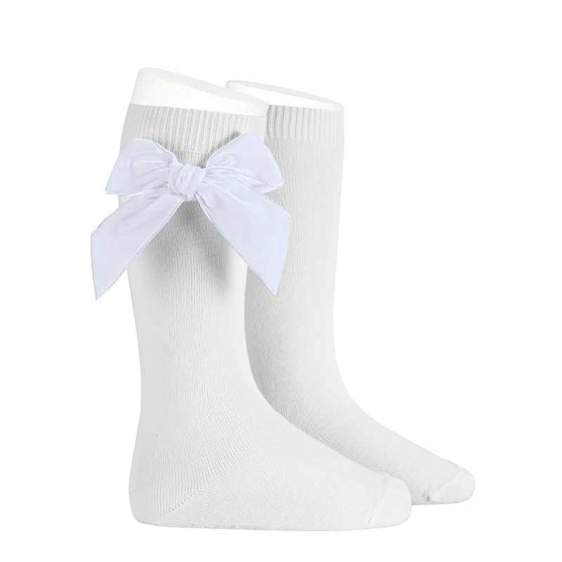 side velvet bow knee high socks white