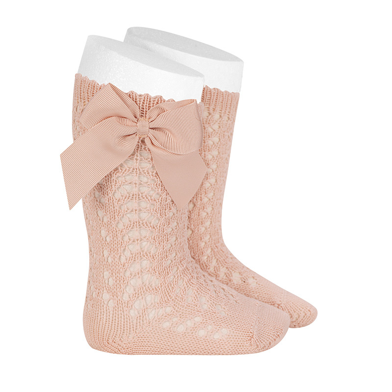 cotton openwork knee high socks with bow nude