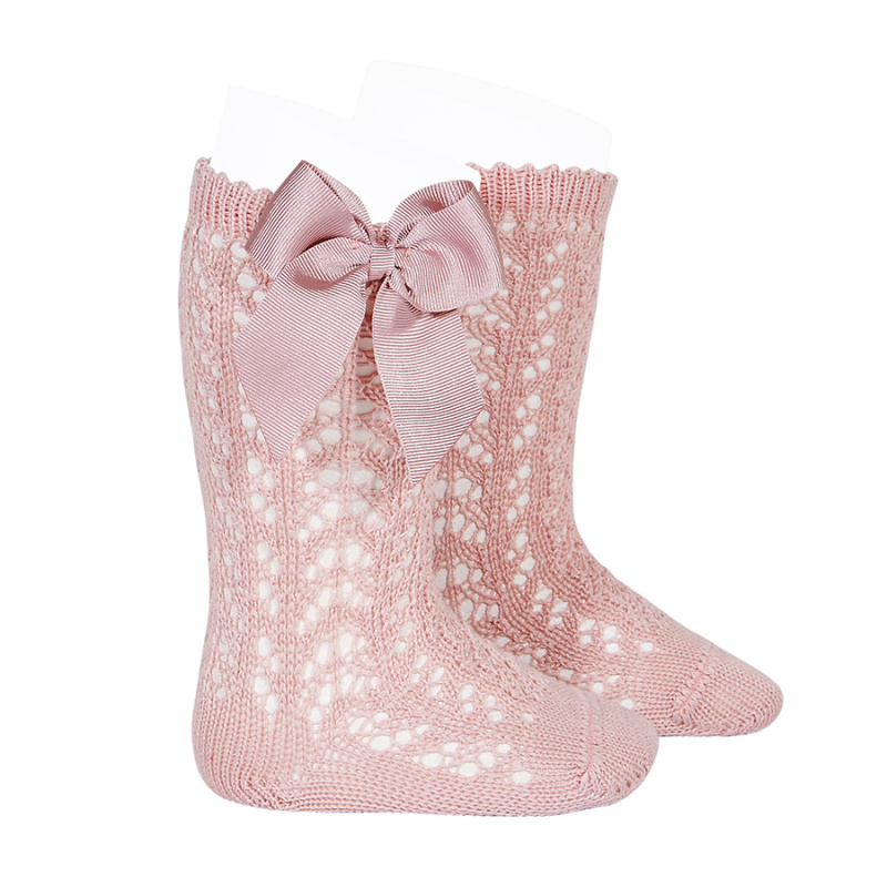 cotton openwork knee high socks with bow pale pink