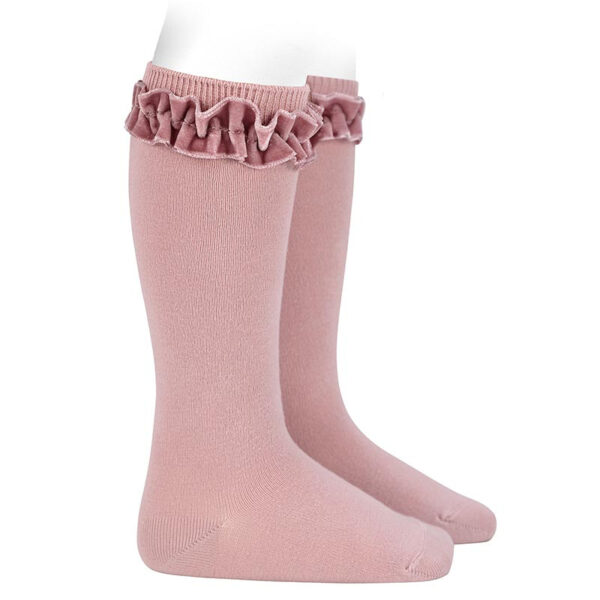 knee socks velvet ruffle cuff pale pink
